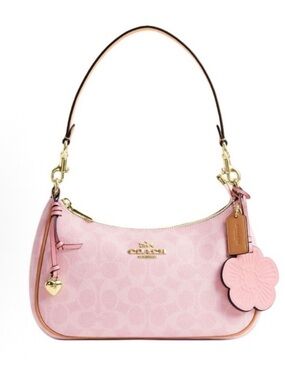 New Coach Teri Shoulder Bag Signature Canvas With Charms Gold/Powder Pink CEA20